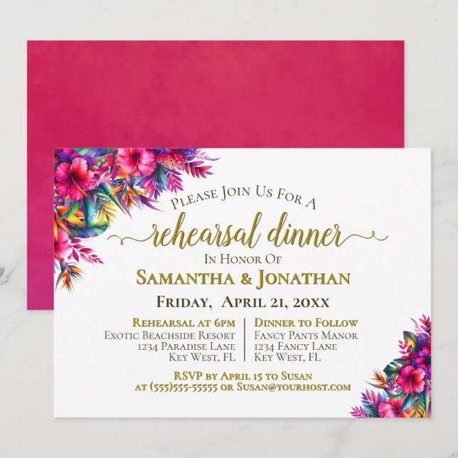 Colorful Tropical Flowers Wedding Rehearsal Dinner Invitation (Front/Back)