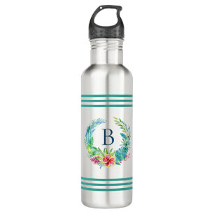 Colorful Tropical Flowers Wreath Custom Monogram Stainless Steel Water Bottle