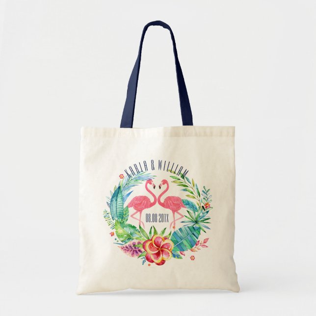 Colorful Tropical Flowers Wreath & Flamingos Tote Bag (Front)
