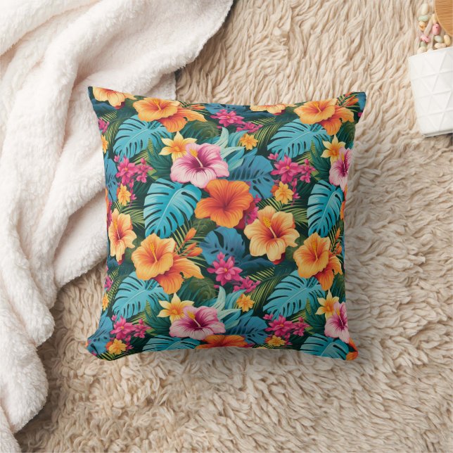 Colorful Tropical Foliage Pattern Throw Pillow (Blanket)