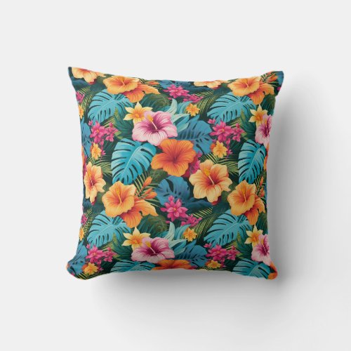 Colorful Tropical Foliage Pattern Throw Pillow