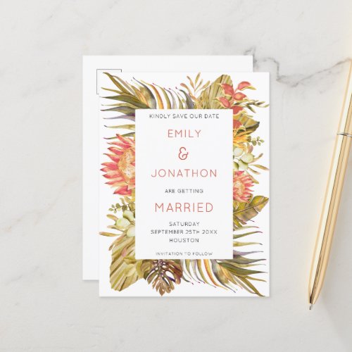 Colorful Tropical Foliage Wedding Save the Date Announcement Postcard