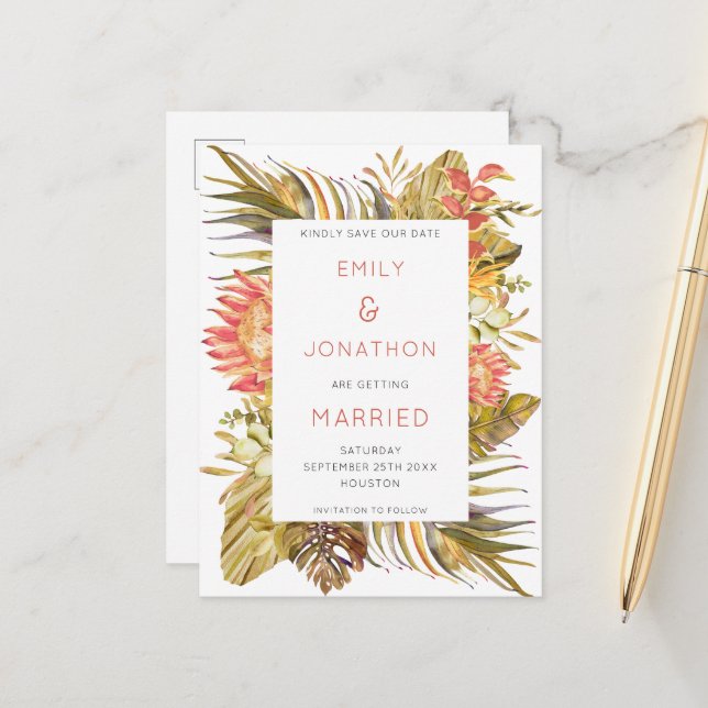 Colorful Tropical Foliage Wedding Save the Date Announcement Postcard (Front/Back In Situ)