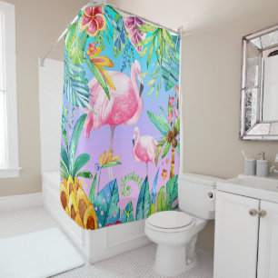 Colorful Tropical Forest With Pink Flamingos Shower Curtain
