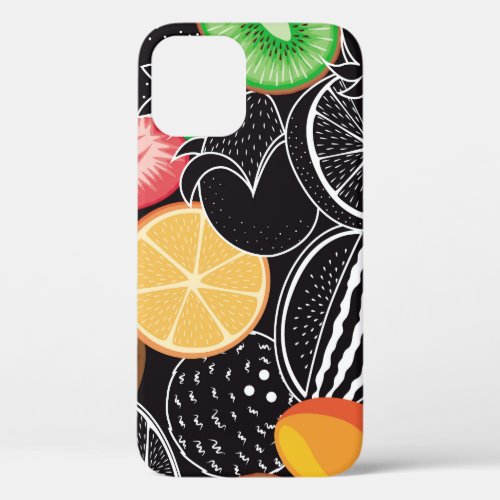 Colorful tropical fruits black background iPhone 12 case