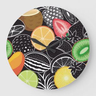 Colorful tropical fruits, black background. large clock