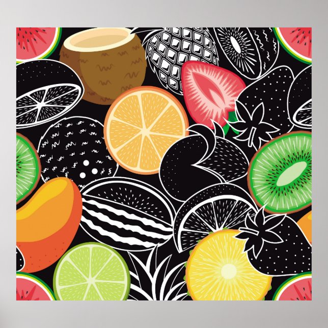 Colorful tropical fruits, black background. poster (Front)