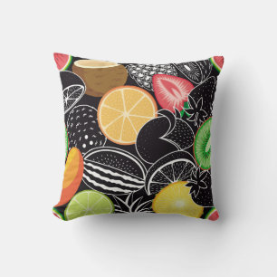 Colorful tropical fruits, black background. throw pillow