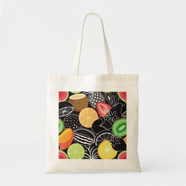 Colorful tropical fruits, black background. tote bag (Front)
