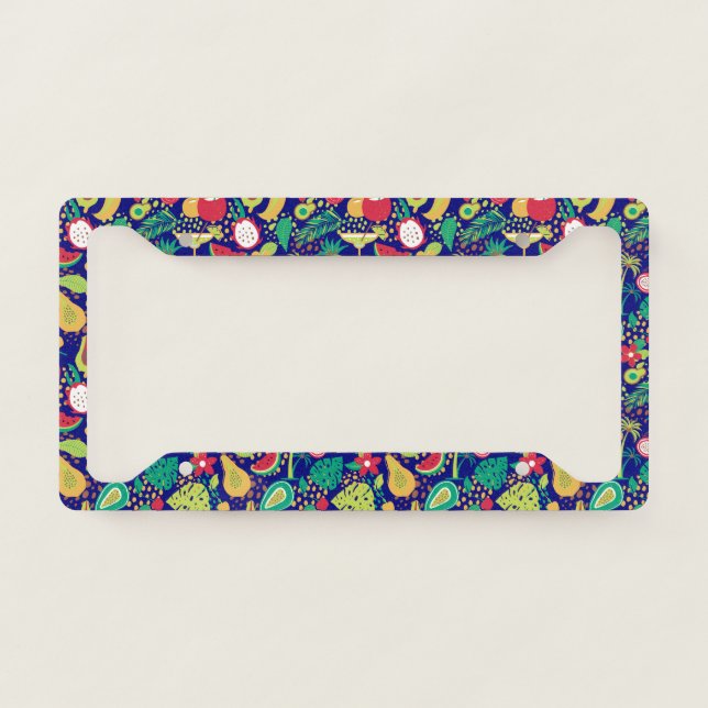 Colorful tropical fruits, plants, flowers pattern license plate frame (Front)