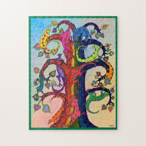 Colorful Tropical Gecko Lizard Watercolor Folk Art Jigsaw Puzzle