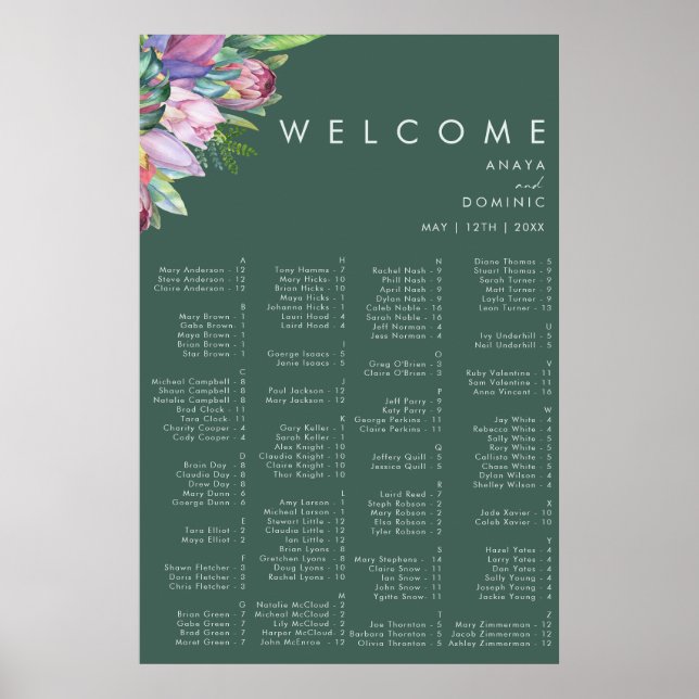 Colorful Tropical Green Alphabetical Seating chart (Front)