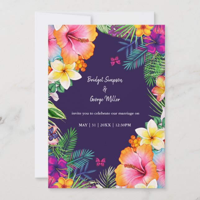 Colorful tropical hawaiian Floral Wedding  Invitation (Front)