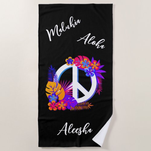 Colorful Tropical Hawaiian Peace Love Black Beach Towel