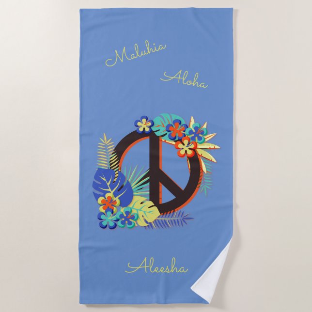 Colorful Tropical Hawaiian Peace Love Name Blue Beach Towel (Front)