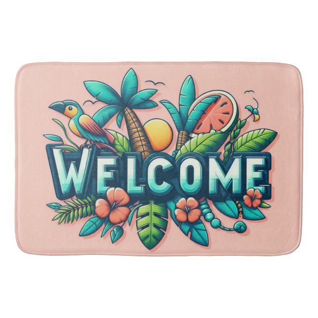 Colorful Tropical/Hawaiian welcome Bath Mat (Front)