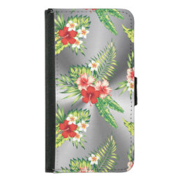 Colorful Tropical Hibiscus &amp; Silver Background Wallet Phone Case For Samsung Galaxy S5