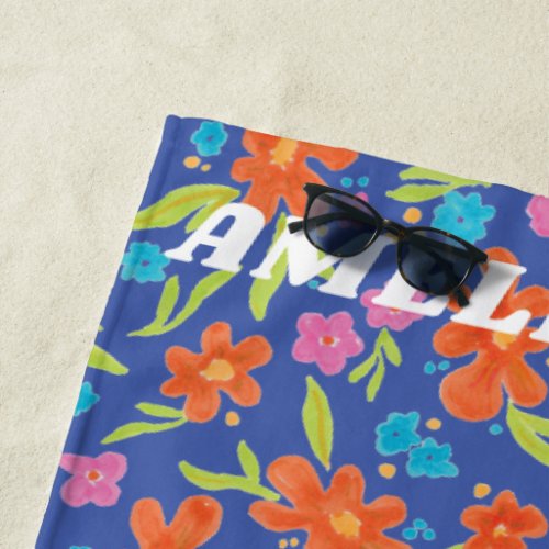 Colorful Tropical Illustrated Flowers with Name Beach Towel