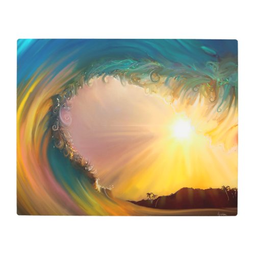 Colorful tropical impressionist surf wave ride metal print