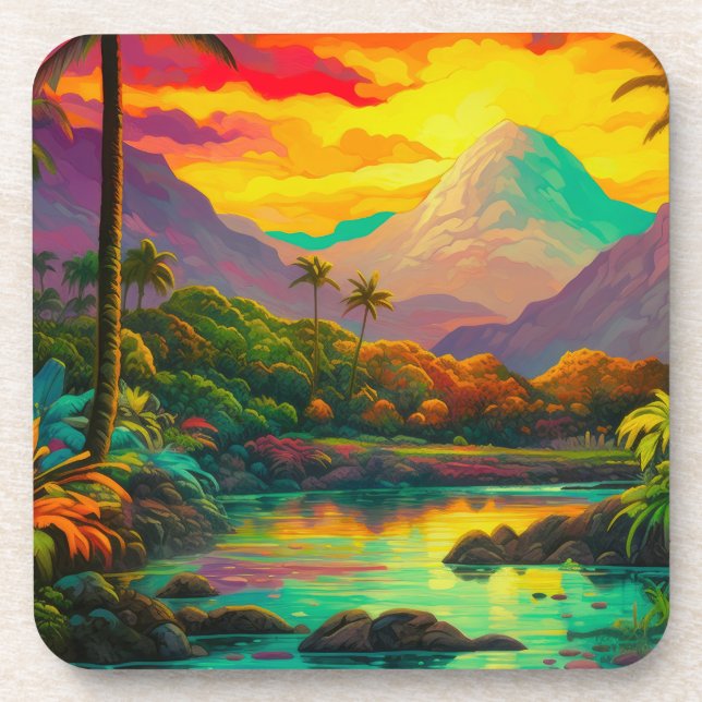 Colorful Tropical Island Paradise Beverage Coaster (Front)