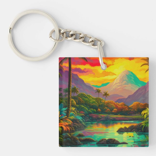 Colorful Tropical Island Paradise Keychain (Front)