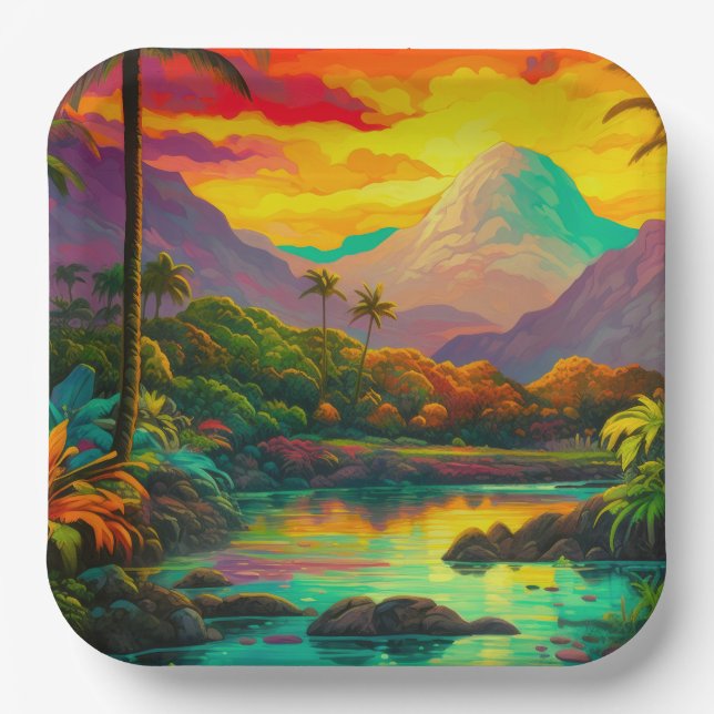 Colorful Tropical Island Paradise   Paper Plates (Front)