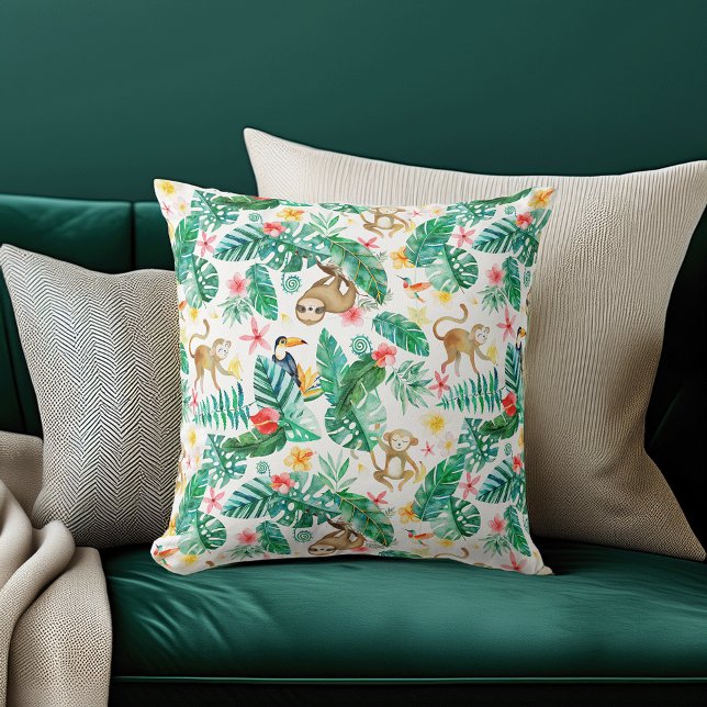 Colorful Tropical Jungle Animals Pattern Throw Pillow (Creator Uploaded)