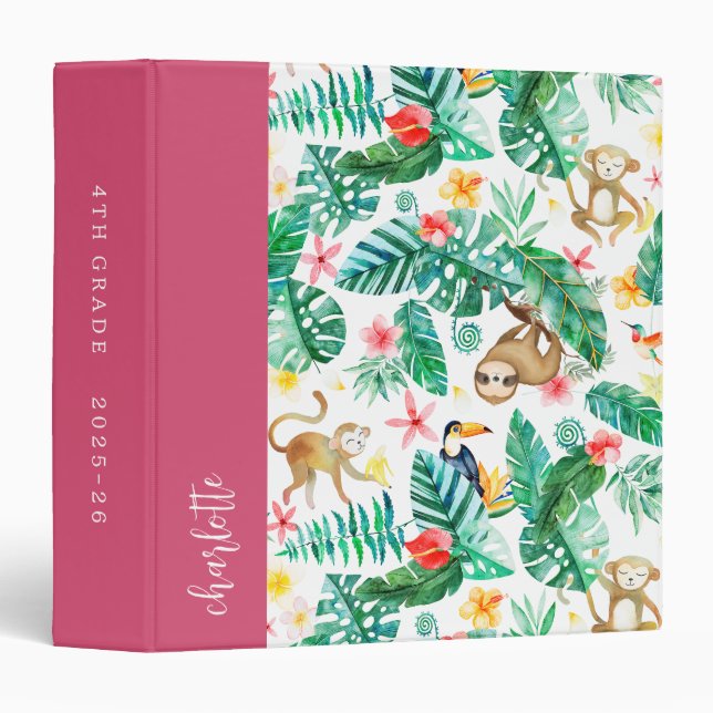 Colorful Tropical Jungle Animals Personalized 3 Ring Binder (Front/Spine)