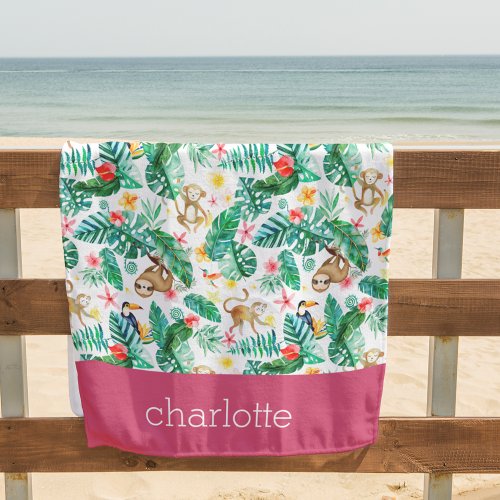 Colorful Tropical Jungle Animals Personalized Beach Towel