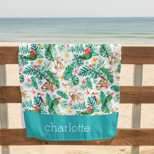 Colorful Tropical Jungle Animals Personalized Beach Towel