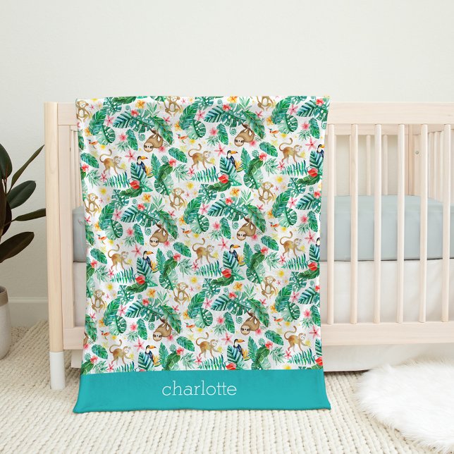 Colorful Tropical Jungle Animals Personalized Fleece Blanket (Creator Uploaded)
