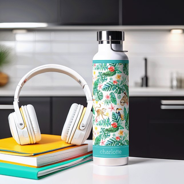 Colorful Tropical Jungle Animals Personalized Water Bottle (Creator Uploaded)