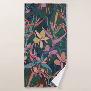 Colorful tropical jungle leaves and flowers hand d bath towel