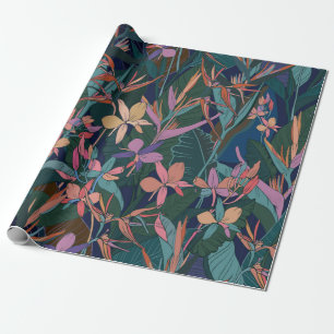 Colorful tropical jungle leaves and flowers hand d wrapping paper