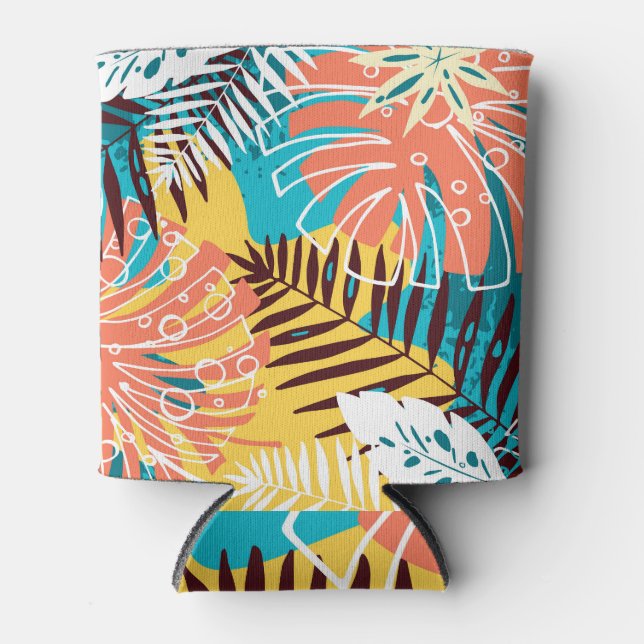 Colorful tropical jungle leaves pattern. can cooler (Front)