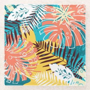 Colorful tropical jungle leaves pattern. glass coaster