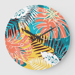 Colorful tropical jungle leaves pattern. large clock
