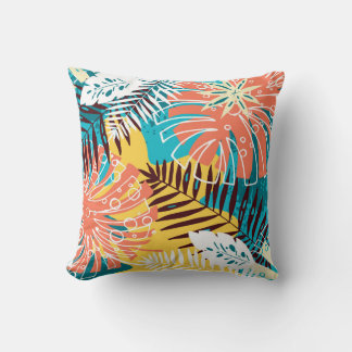 Colorful tropical jungle leaves pattern. throw pillow
