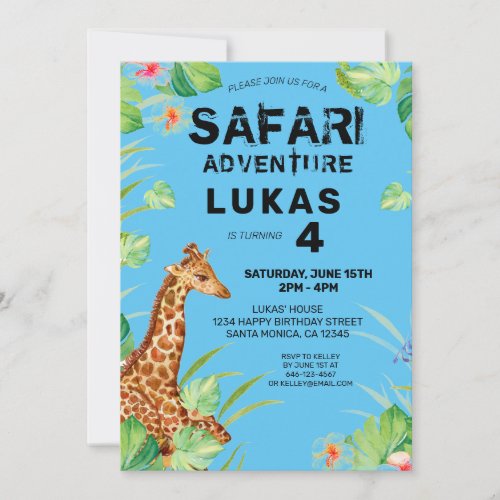  Colorful Tropical Jungle Safari Giraffe Birthday  Invitation