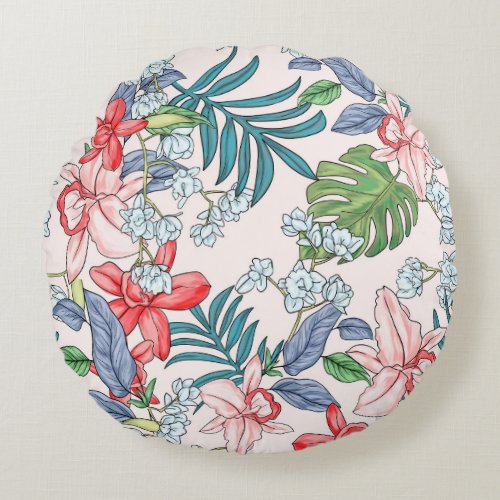 Colorful Tropical Jungle Seamless Print Round Pillow