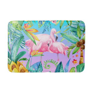 Colorful Tropical Jungle With Pink Flamingos Bathroom Mat