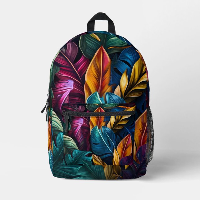 colorful tropical leaf pattern printed backpack (Front)