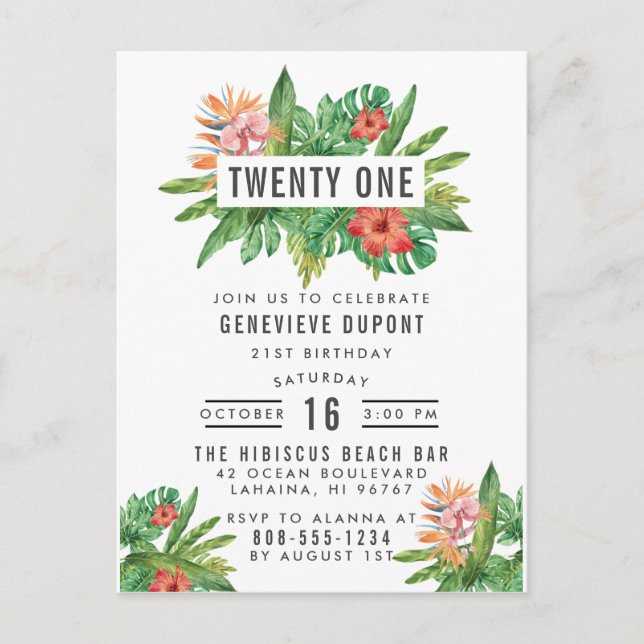 Colorful Tropical Leaves 21st Birthday Party Invitation Postcard (Front)