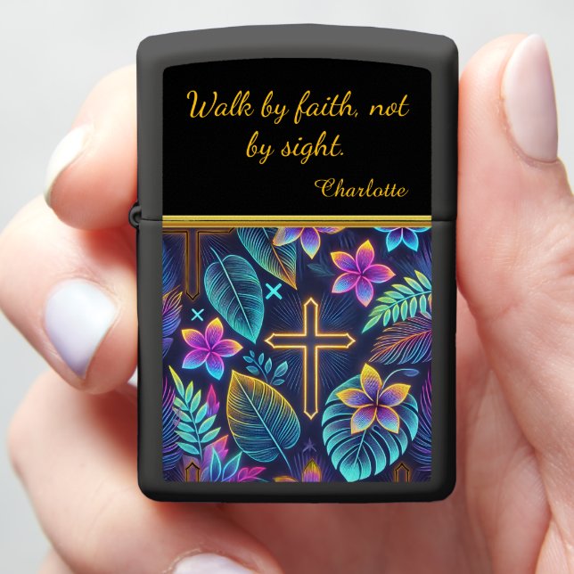 Colorful Tropical Leaves and Crosses Design Zippo Lighter (In Hand)