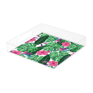 Colorful Tropical leaves and flowers jungle Acrylic Tray