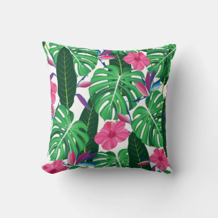 Colorful Tropical leaves and flowers jungle Throw Pillow