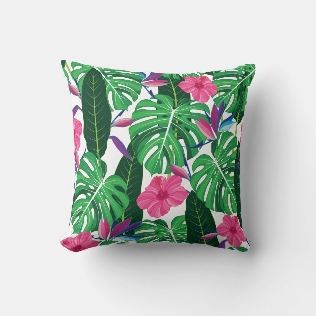 Colorful Tropical leaves and flowers jungle Throw Pillow (Front)