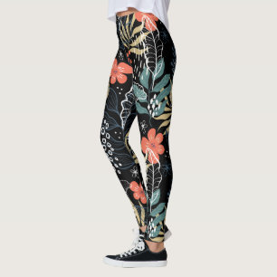 Colorful tropical leaves and flowers pattern leggi leggings