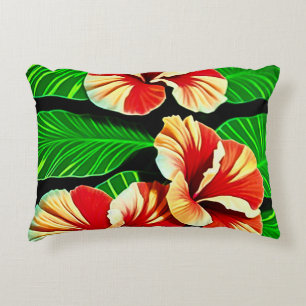 Colorful Tropical Leaves and Hibiscus Flowers Accent Pillow