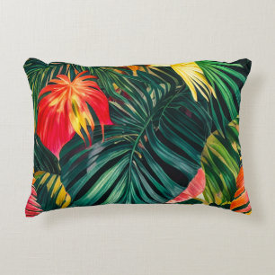 Colorful Tropical Leaves and Hibiscus Flowers Accent Pillow